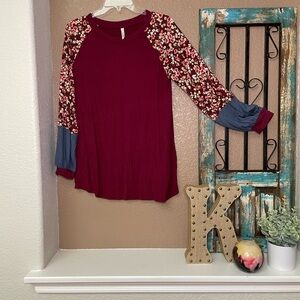 Celeste Burgundy Top with Floral Sleeves